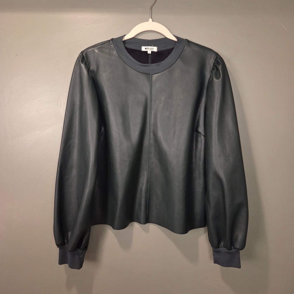 LA Made Women's Faux Leather Puff Sleeves Top Mixed Media, Size M, Pine Green